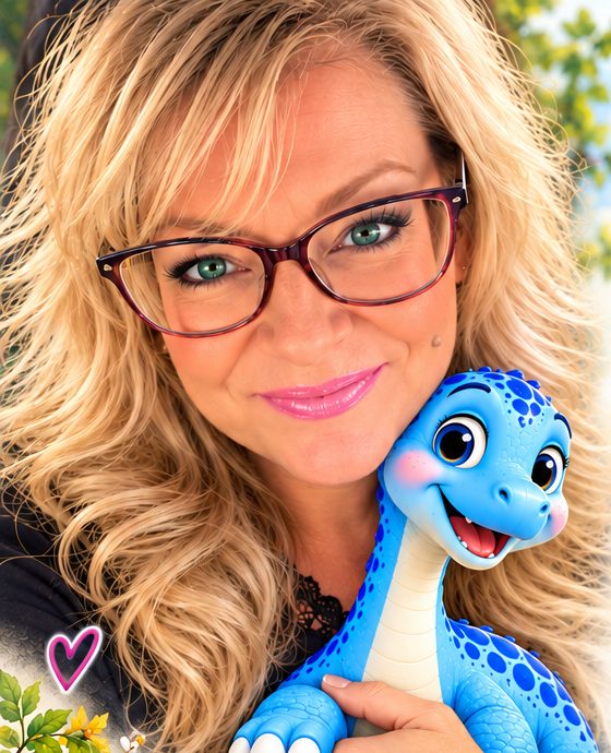 Tricia Winten holding Henry the dinosaur